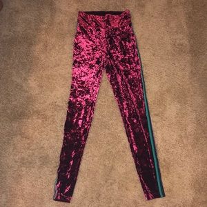 Red velvet/velour leggings with blue stripe sides